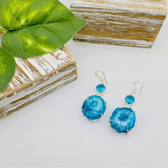 Aqua Blue Solar Quartz & Blue Topaz Earring’s - Picture 1 of 5